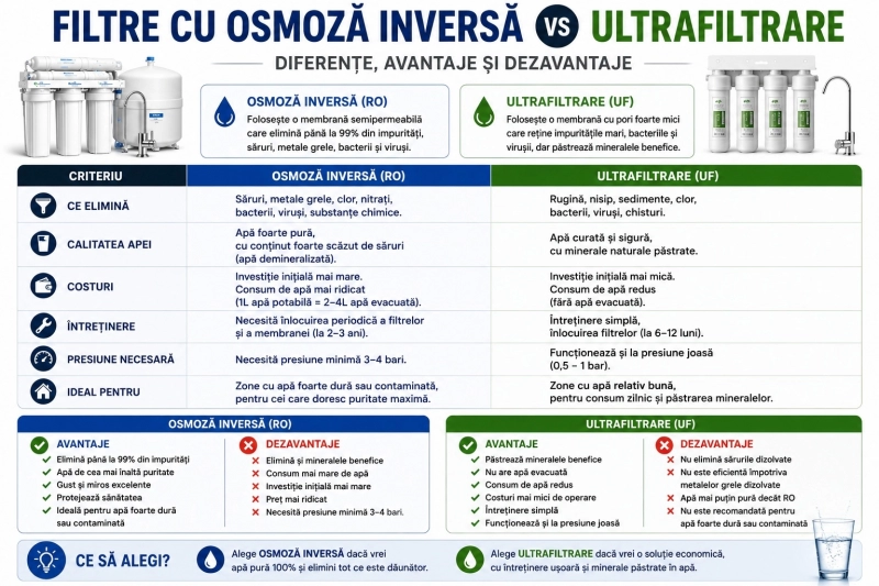Filtre cu osmoza inversă vs ultrafiltrare: diferențe, avantaje și dezavantaje